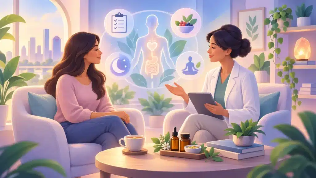 Naturopathic practitioner consulting with a patient in a calming holistic wellness setting, with symbols representing nutrition, sleep, digestion, stress, and whole-person health.